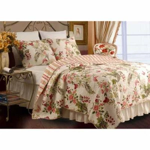 ~ COZY ELEGANT SHABBY TROPICAL IVORY WHITE RED PINK LILAC ROSE GREEN QUILT SET - Picture 1 of 3