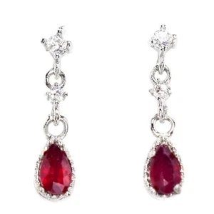 GENUINE AAA BLOOD RED RUBY PEAR & WHITE CZ STERLING 925 SILVER DANGLE EARRING - Picture 1 of 6