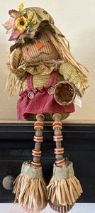 Scarecrow Shelf Sitter Fall Leaves Sunflower Hat Wooden Button Legs 16” - Picture 1 of 4