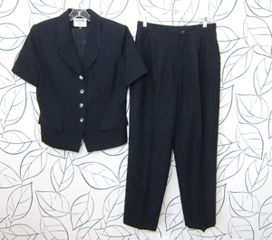 Kasper ASL Women’s 2 Piece Pant Suit Size 12 Petite Navy Blue Short Sleeve - Picture 1 of 10