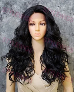 Peluca negra larga suave ondulada calor OK encaje frontal mezcla cabello humano EVFO 1B - Imagen 1 de 8