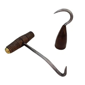 Antique Two Hand Forged Iron Hay Bale Hooks Wooden Handles Primitive Farm Tools - Picture 1 of 9
