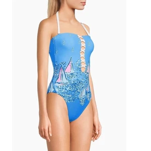 NEW Lilly Pulitzer Women 14 Novi One Pc Swimsuit Lattice Nautical Sail Prep - Picture 1 of 14