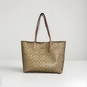 Coach Town Tote Bag Purse In Signature Canvas Pink&tan - Picture 1 of 23
