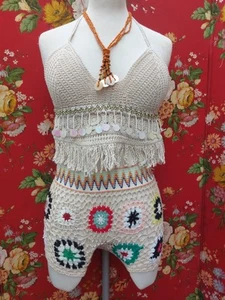 Multi Colour Cream Crochet Hot Pants Hippy Festival Boho Size 10 - Picture 1 of 5