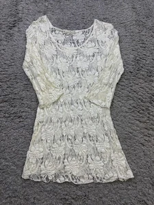 Pineapple Patch Top Women Small Ivory Crochet Floral Lace Peasant Neck Tunic - Picture 1 of 9