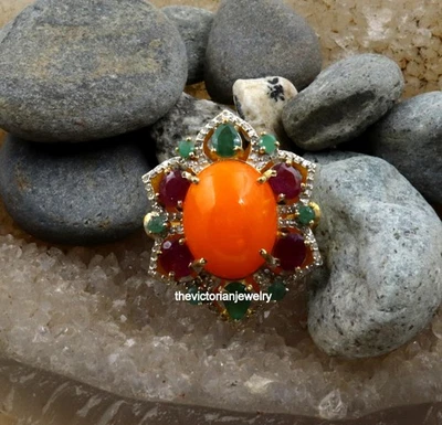 Anillo de plata esterlina 925 naranja ópalo de fuego rubí esmeralda corte único diamante joyería Foto 1 de 4
