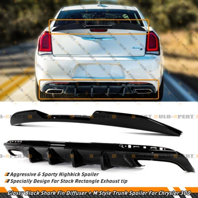 FOR 15-23 Chrysler 300 Gloss Black Rear Bumper Diffuser + M Style Trunk Spoiler - Image 1 of 4