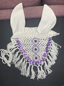 HORSE FLY VEIL MASK BONNET WHITE PURPLE ACCENTS FANCY HANDCRAFTED EQUESTRIAN NEW - Picture 1 of 3
