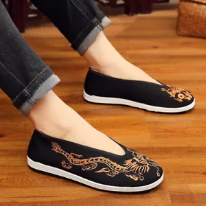 Men Chinese Shoes Slip On Loafers Dragon Embroidery Tai Chi Martial Arts Vintage - Picture 1 of 11