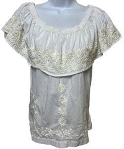 ROLLER RABBIT Peasant Blouse Embroidered Floral White Boho Off Shoulder Small - Picture 1 of 8