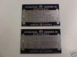 International Harvester ELECTRALL GE Generator plate Acid Etched Alum. CHOICE - Picture 1 of 3