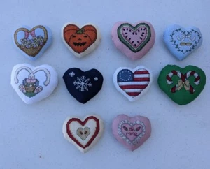 Cross Stitched 10 Decorative Small Pillows Heart Shaped Seasonal Design oct22 - Picture 1 of 12