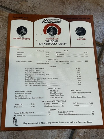 HASENOUR'S LOUISVILLE KENTUCKY DERBY SOUVENIR MENU 1974 CANNONADE POSTCARD Cover