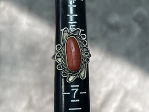SZ 5.6 Vintage Navajo Sterling Silver Coral Ring Native 925 Old Pawn - Picture 1 of 10