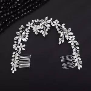 Wedding Headband Bridal Rhinestone Headpiece Silver Pearl Hair Vine with Comb... - Picture 1 of 5