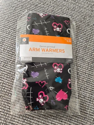 Tween Arm Warmers Black with Colorful Hearts and Skulls Costume Arm Warmers - Image 1 of 2