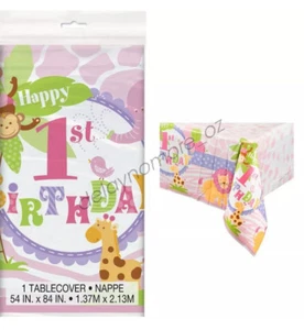 First 1st Birthday Party Pink Safari Jungle Table Cover Tablecloth Plastic Girl - Picture 1 of 2