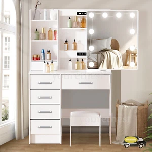 Makeup Vanity Table Set With Lighted Sliding Mirror 6 Drawer Stool Dressing Desk - Picture 1 of 14