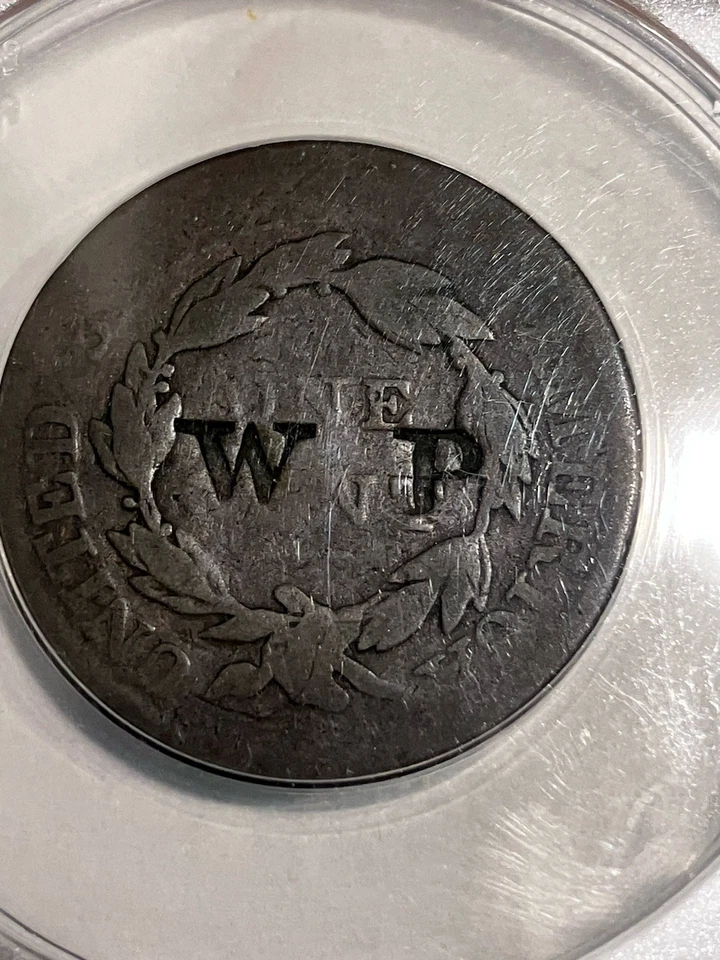 Contador de doscientos años estampado 1818 centavo grande. Estampado: W.P. Clasificado ANACS Foto 1 de 4