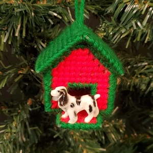 Vintage Doghouse Christmas Ornament Plastic Canvas Ceramic Dog Needlepoint - Picture 1 of 7