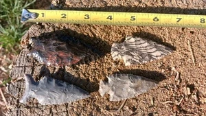 Four Flint Knapped Arrowheads/ Atlatl TX Flint, Tiger Chert, Obsidian, Hornstone - Picture 1 of 22