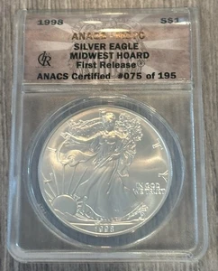1998- American Silver Eagle- ANACS- MS70 Midwest Hoard- First Release- #075/195 - Picture 1 of 2