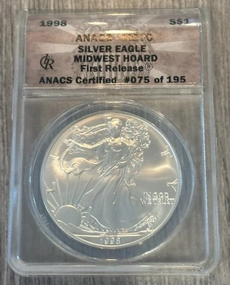 1998- American Silver Eagle- ANACS- MS70 Midwest Hoard- First Release- #075/195 - Image 1 of 2