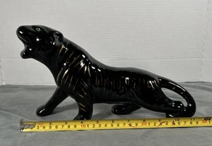 Mediados de Siglo Moderno Oro Rayado Cerámica Negro Brillo Leopardo Tigre Pantera - Imagen 1 de 22