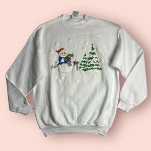 Vintage Sweatshirt Erwachsene Large Rundhalsausschnitt Schneemann Oma Pullover Winter weiß bauschig - Bild 1 von 5