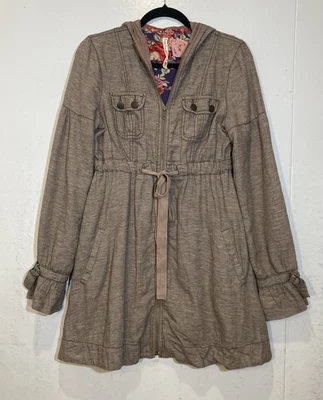Free People Linen Blend Coat Size 6 Floral Lined Y2K Jacket Hooded Full Zip Boho - Image 1 of 4