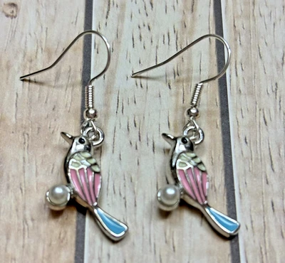 Pink Enamel Bird Earrings Women’s Drop Dangle Animal Jewellery Silver Hooks Gift - image 1 of 4