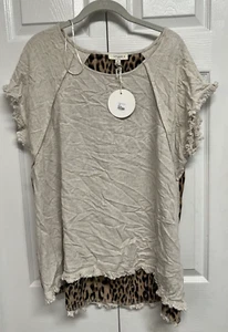 Neu mit Etikett Umgee Cheri Damen-Oberteil beige mit Gepard Tierdruck Rücken Fransensaum XL - Bild 1 von 11