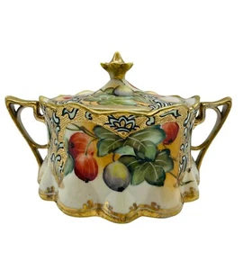 Old Large NIPPON Gooseberries Gold MORIAGE Handled wLid BOWL NORITAKE Maple Leaf - Picture 1 of 10