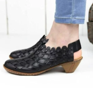 Rieker 42 Shoes Black Leather Slingback 10 10.5 11 Scalloped Woven Huarache - Picture 1 of 12