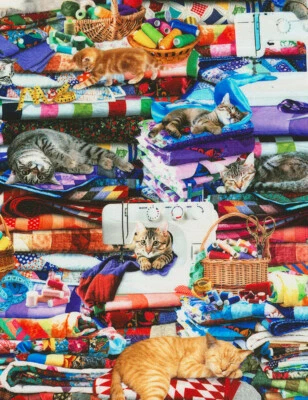 Fat Quarter Cats On Quilts Cotton Quilting Fabric Kitten Feline Sewing Machine - Image 1 of 3