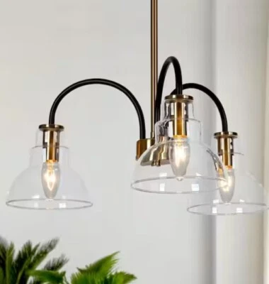 "Colgante moderno Uolfin 18"" W 3 luces negro y latón con contenedor de cortinas de vidrio transparente 55" Foto 1 de 4