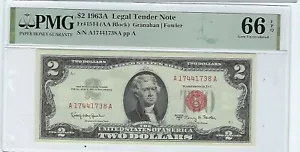 1963 A $2 US LEGAL TENDER NOTE FR# 1514 AA BLOCK PMG GEM UNCIRCULATED 66 EPQ - Picture 1 of 2