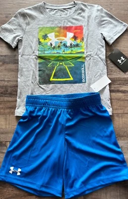 NWT Under Armour Little Boys 7 Gray/Light Blue/BASEBALL Palm Trees Shorts Set - Image 1 of 3