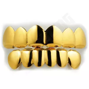 18K Gold IP Plated STAINLESS STEEL GRILLZ Top & Bottom Mouth Teeth Hip Hop Grill - Picture 1 of 5