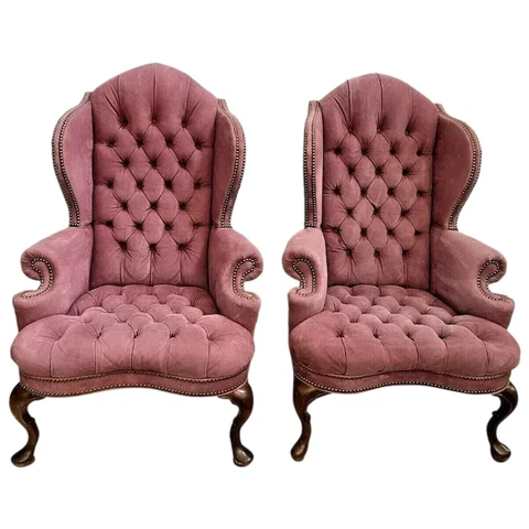 Vintage  Art Nouveau Wingback Chairs Set of two Tufted Pink Suede Real Leather Cover