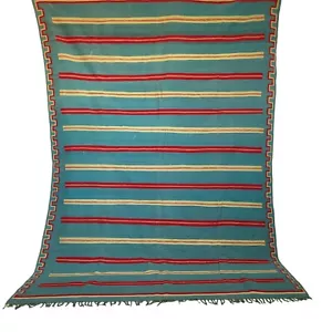 Vintage Handmade Moroccan Rug Blue Green Striped Fringe Grayish Green Carpet - Picture 1 of 21
