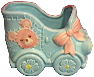 Jarrón jardinera de cerámica de colección para bebé Jalopy cochecito azul rosa hecho en Japón PATMAR - Imagen 1 de 5