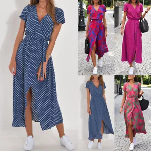 BOHO Women's Short Sleeve PLUS SIZE Sun Dresses Summer Beach Long Dress Holiday - Picture 1 of 23