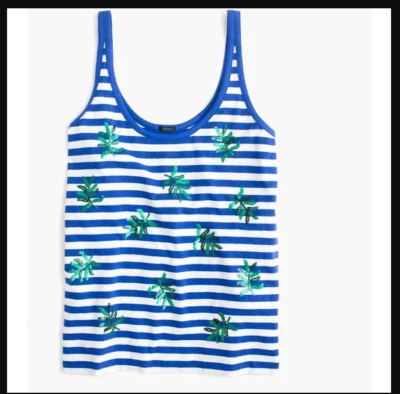 Camiseta sin mangas J.Crew lentejuelas a rayas algodón/lino L blanco/azul cuello redondo sin mangas nueva con etiquetas Foto 1 de 4