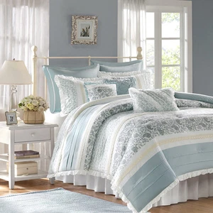 ¡NUEVO! ~ ACOGEDOR JUEGO DE EDREDÓN ELEGANTE DE ENCAJE SHABBY CHIC COUNTRY BLANCO MARFIL AZUL AGUA - Imagen 1 de 6