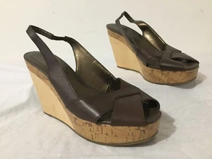 Sandalias Ann Taylor punta abierta honda tacones de plataforma cuña cuero marrón talla 7 - Imagen 1 de 10