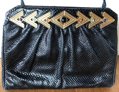 Bolso Art Deco De Colección Judith Leiber Negro Karung Piel de Serpiente con Piedras Semipreciosas Foto 1 de 4