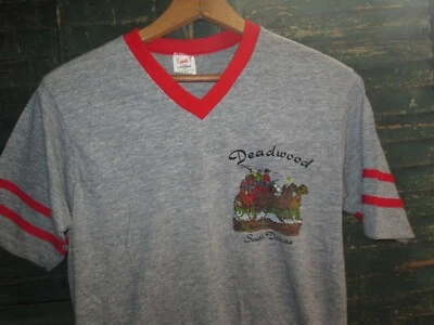 V Neck  Vtg 80s DEADWOOD South Dakota TRI-BLEND RAYON T Shirt ringer jersey USA - Image 1 of 4