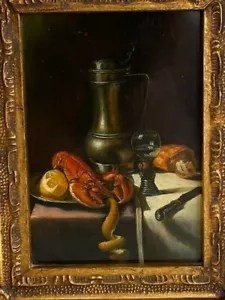 Ansimante olio vintage su legno ""Natura morta con bicchiere di vino e aragosta"". - Foto 1 di 7